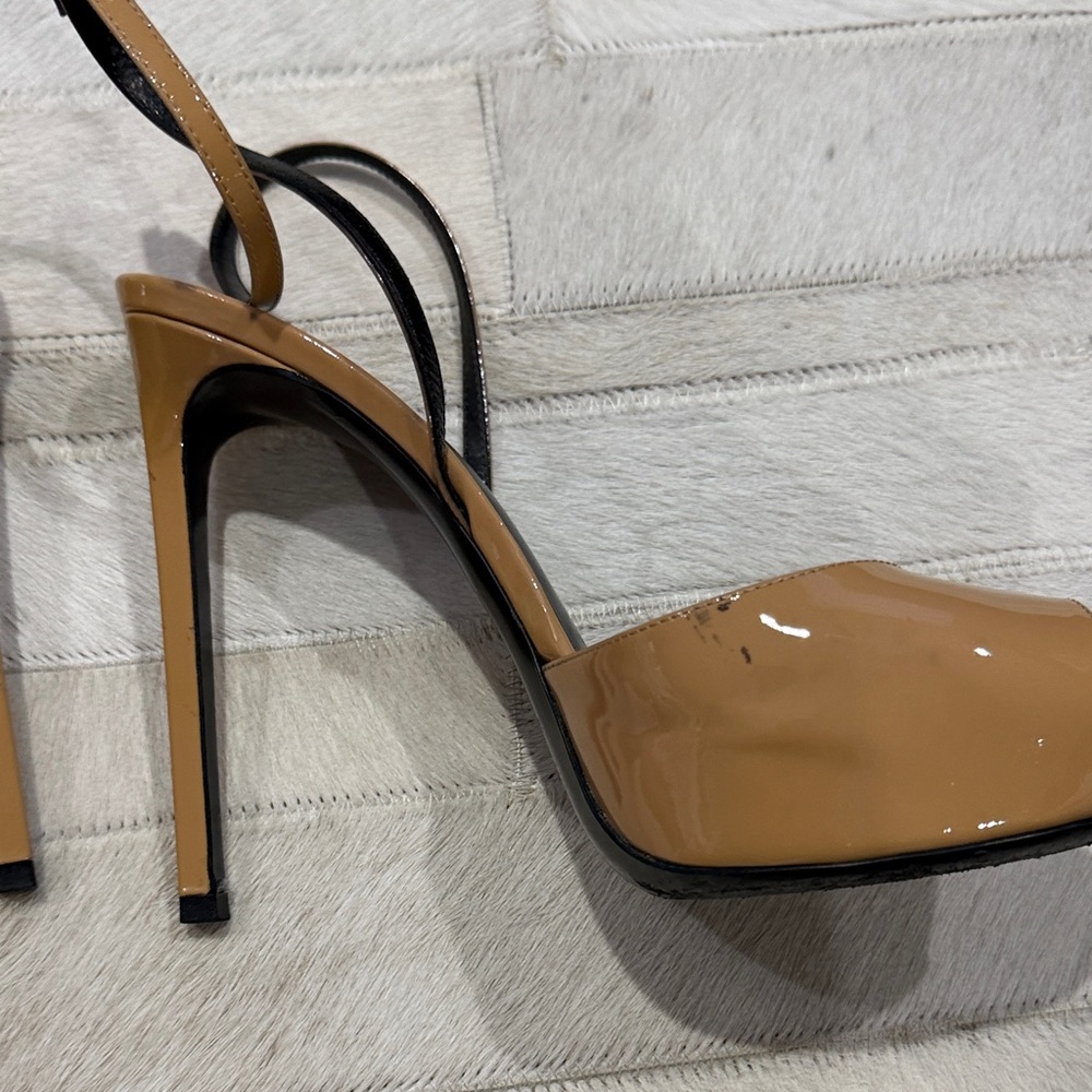 Saint Laurent Nude Patent Leather Platform Peep-Toe Slingback Heels - Picture 6 of 16